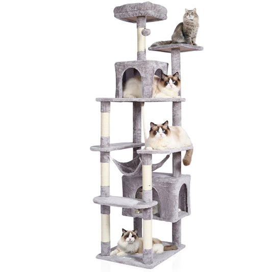 Cat Tree For Indoor Cats, 72" Cat Tower With 2 Cat Condos, Sisal Scratching Post, Hammock, Top Perch, Jumping Platforms, Large Cat Furniture Activity Center With Hang Ball, Light Grey