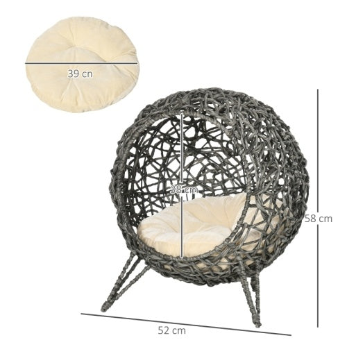 PawHut Rattan Elevated Cat Bed House Kitten Basket Ball Shaped Pet Furniture W Removable Cushion - Silver-Tone And Grey