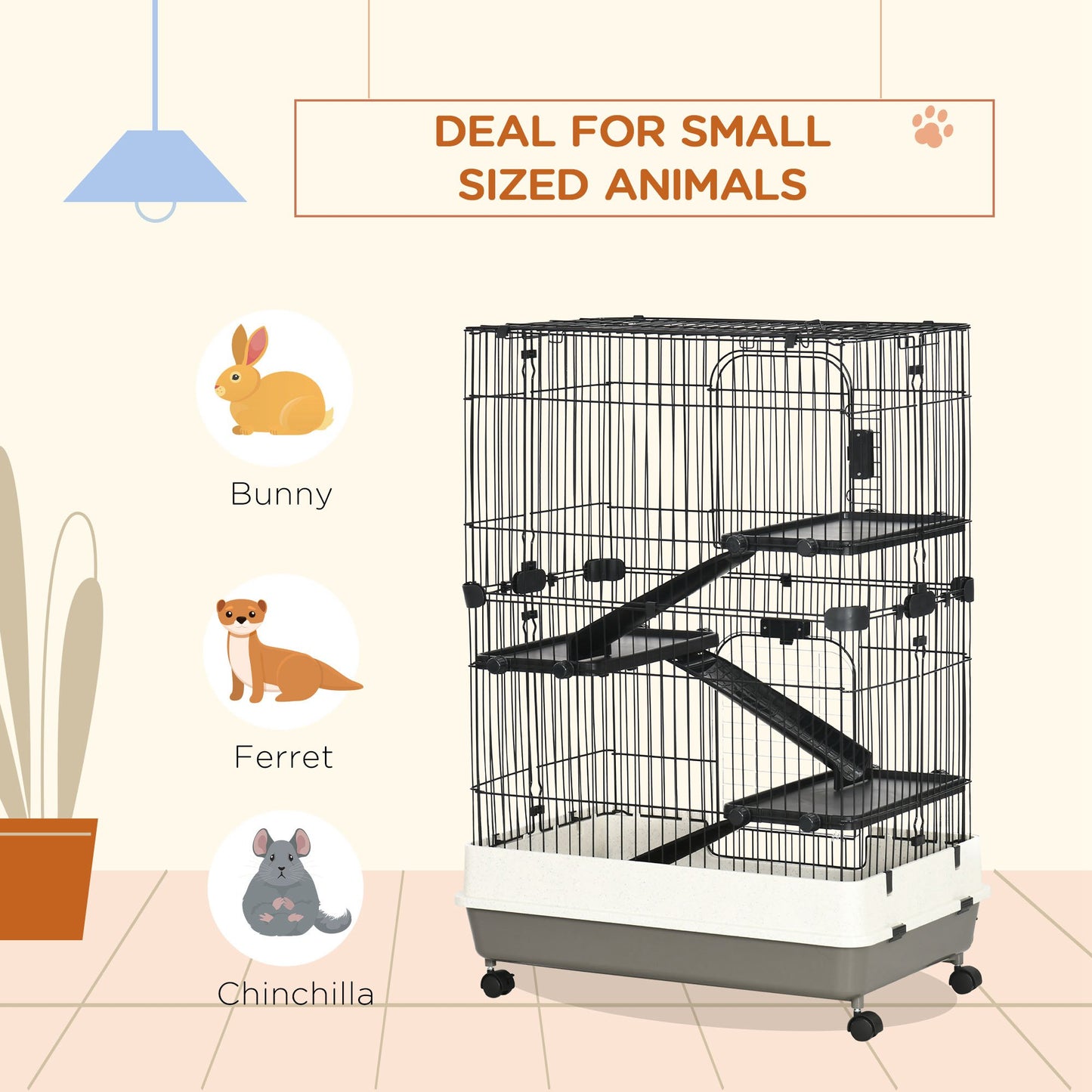 L 4-Level Small Animal Cage Rabbit Hutch with Universal Lockable Wheels