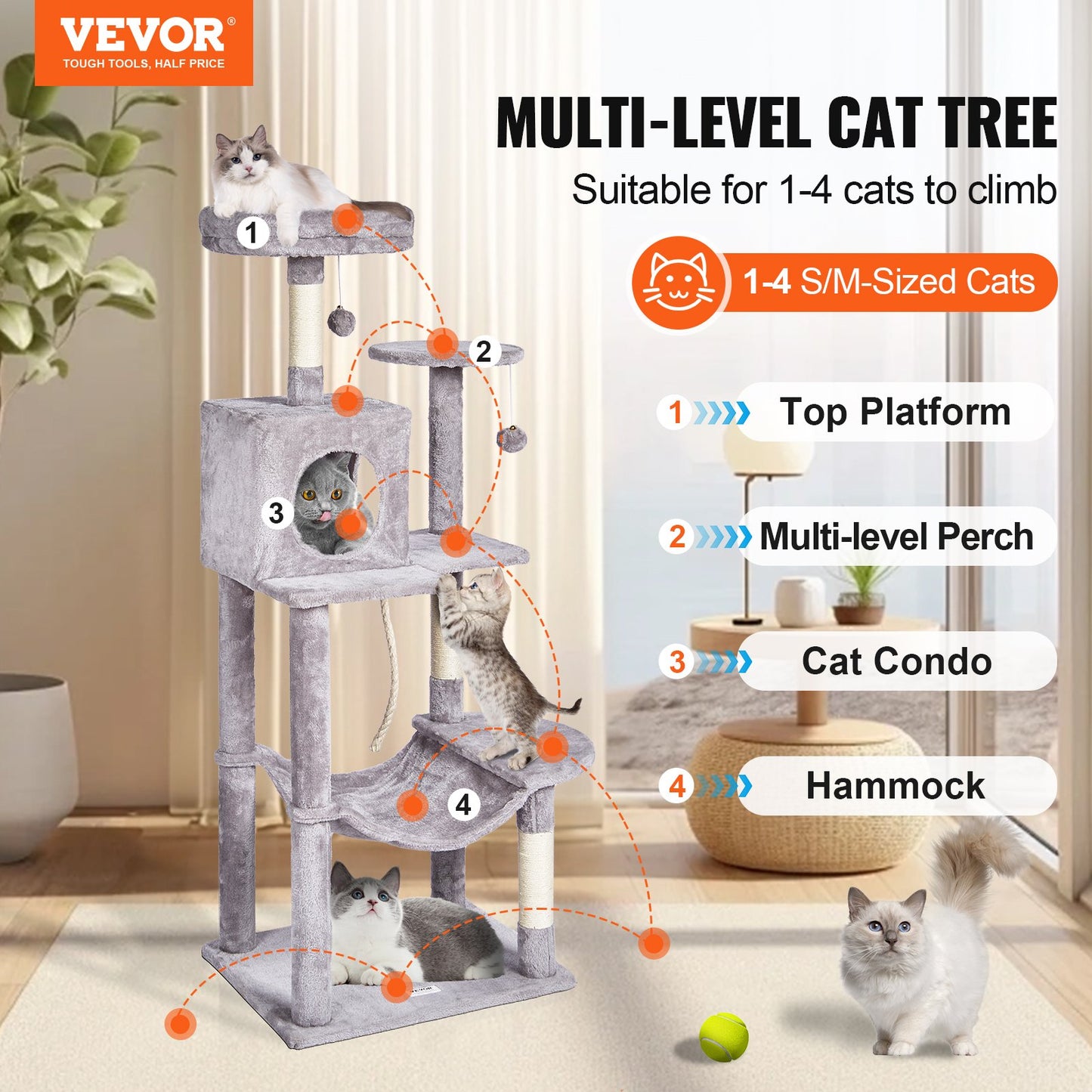 Cat Tree For Indoor Cats, 56.2" Cat Tower With Cat Condo, Sisal Scratching Post, Hammock, Top Perch, Jumping Platforms, Large Cat House With Hang Ball, Cat Furniture Activity Center, Light Grey