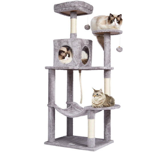 Cat Tree For Indoor Cats, 56.2" Cat Tower With Cat Condo, Sisal Scratching Post, Hammock, Top Perch, Jumping Platforms, Large Cat House With Hang Ball, Cat Furniture Activity Center, Light Grey
