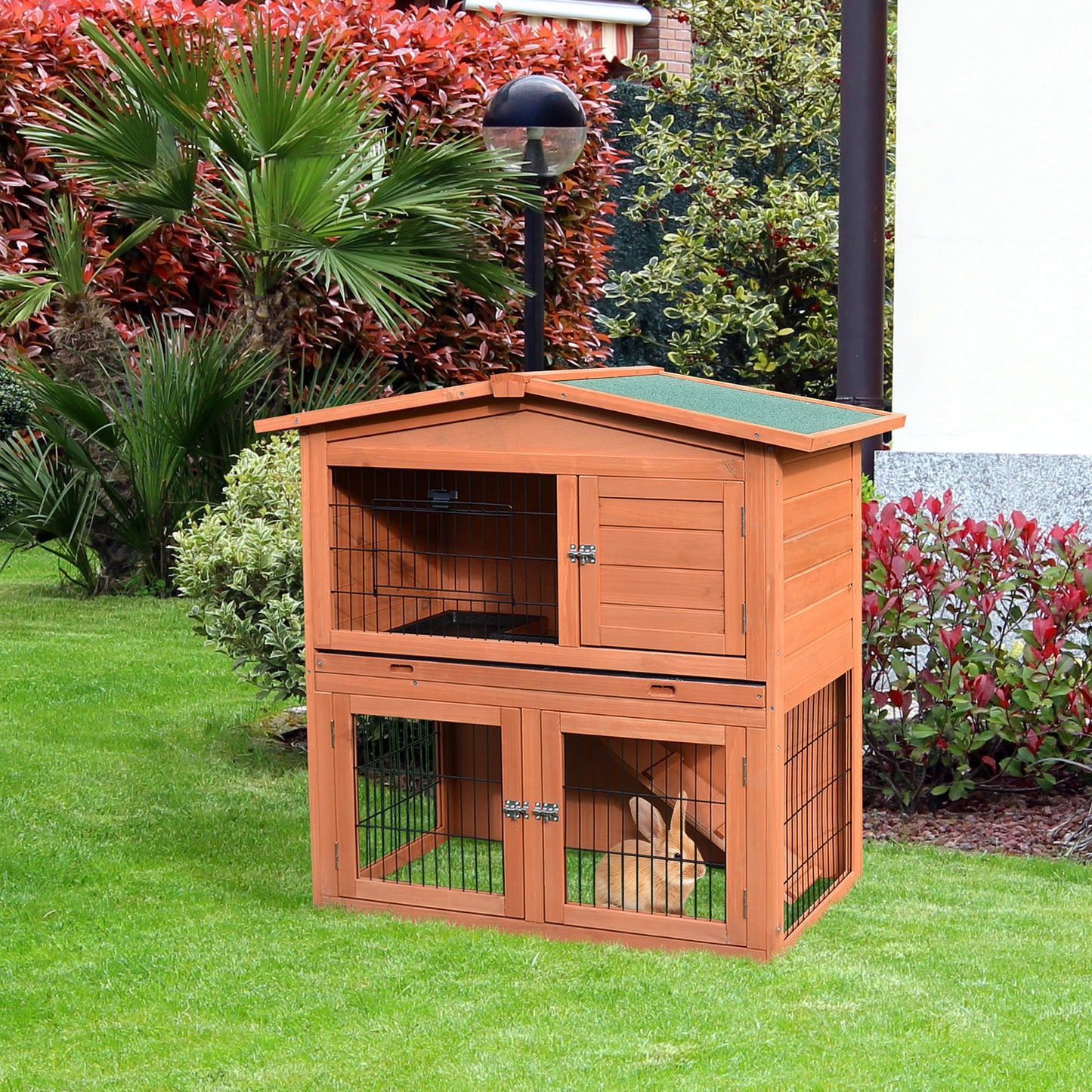 PawHut Rabbit Hutch Outdoor Guinea Pig Hutch 2-Tier Bunny Cage With No-Leak Tray 100.5 X 55 X 101 Cm