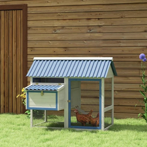 55.5 Inch Wooden Chicken Coop With Run Box, Nesting Box, Removable Tray, Ramp, Outdoor  For 2-3 Chickens, White
