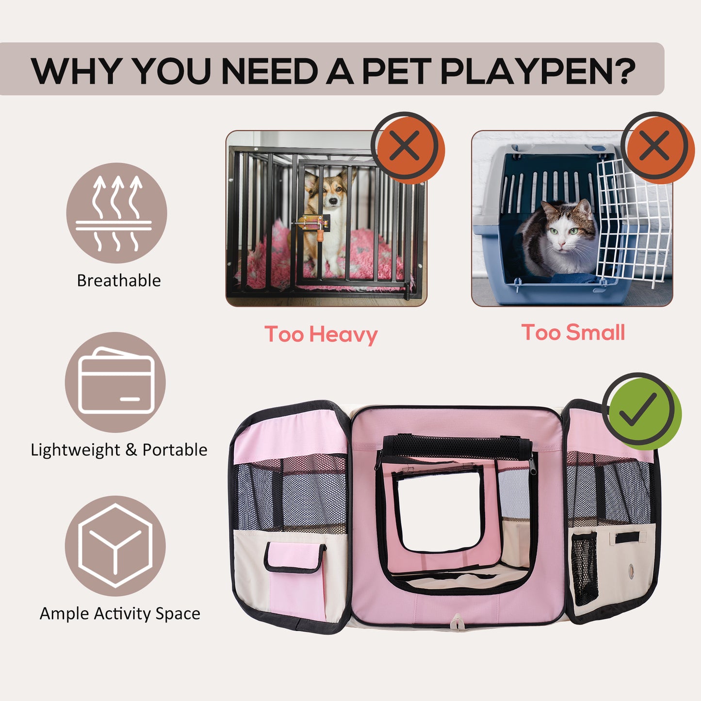 PawHut Portable Cat Dog Playpen Pet Puppy Rabbit Guinea Pig Pen Run Dia 90 X 41H Cm Indoor & Outdoor Pink