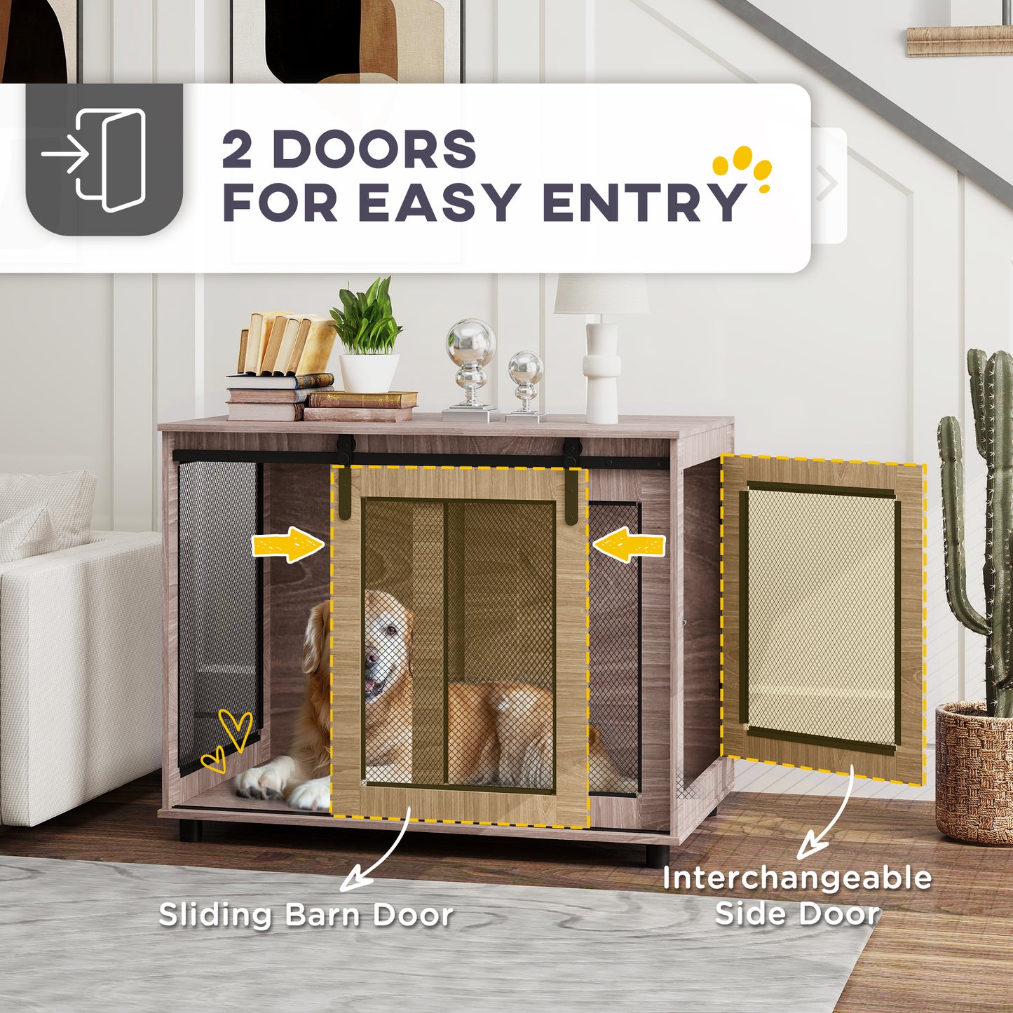 39" Dog Crate Furniture, Dog Kennel Furniture End Table with Sliding Barn Door for Large Dogs, Walnut Brown