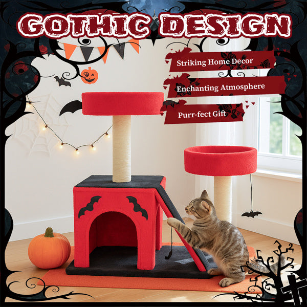 Halloween Cat Climbing Frame Gothic Cat Tree, Cat Tower With Spacious Cat Condo, 2 Padded Perches, Spider Toy, Scratching Posts, Scratching Ladder