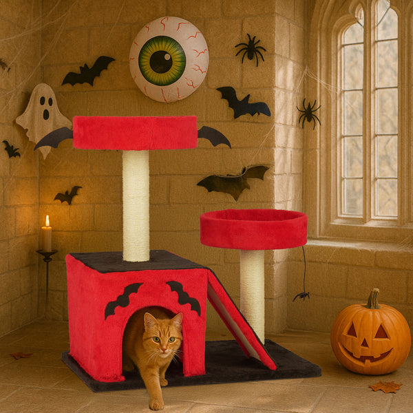 Halloween Cat Climbing Frame Gothic Cat Tree, Cat Tower With Spacious Cat Condo, 2 Padded Perches, Spider Toy, Scratching Posts, Scratching Ladder