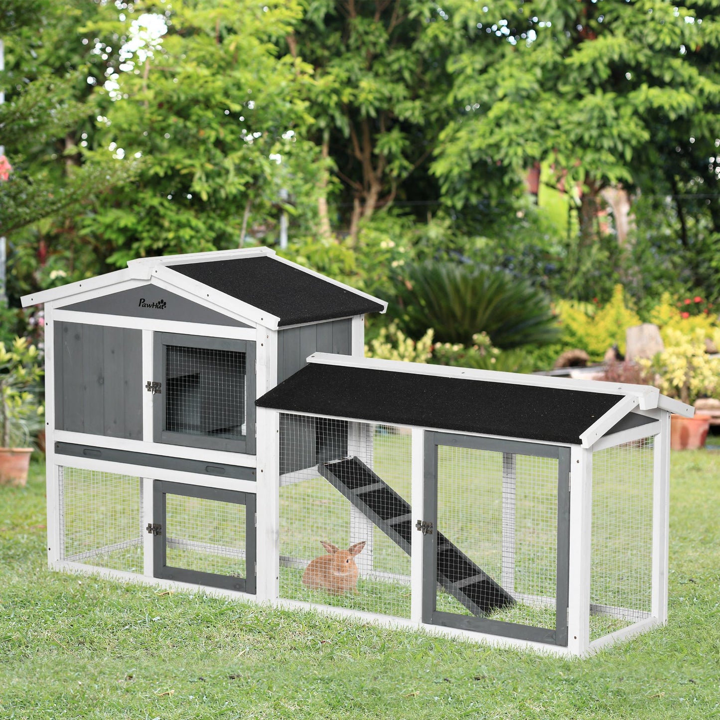 PawHut Rabbit Hutch Outdoor, 2-Tier Guinea Pig Hutch, Wooden Small Animal House With Rabbit Run Box, Slide-out Tray, Ramp, 175.8 X 52 X 85.5 Cm, White