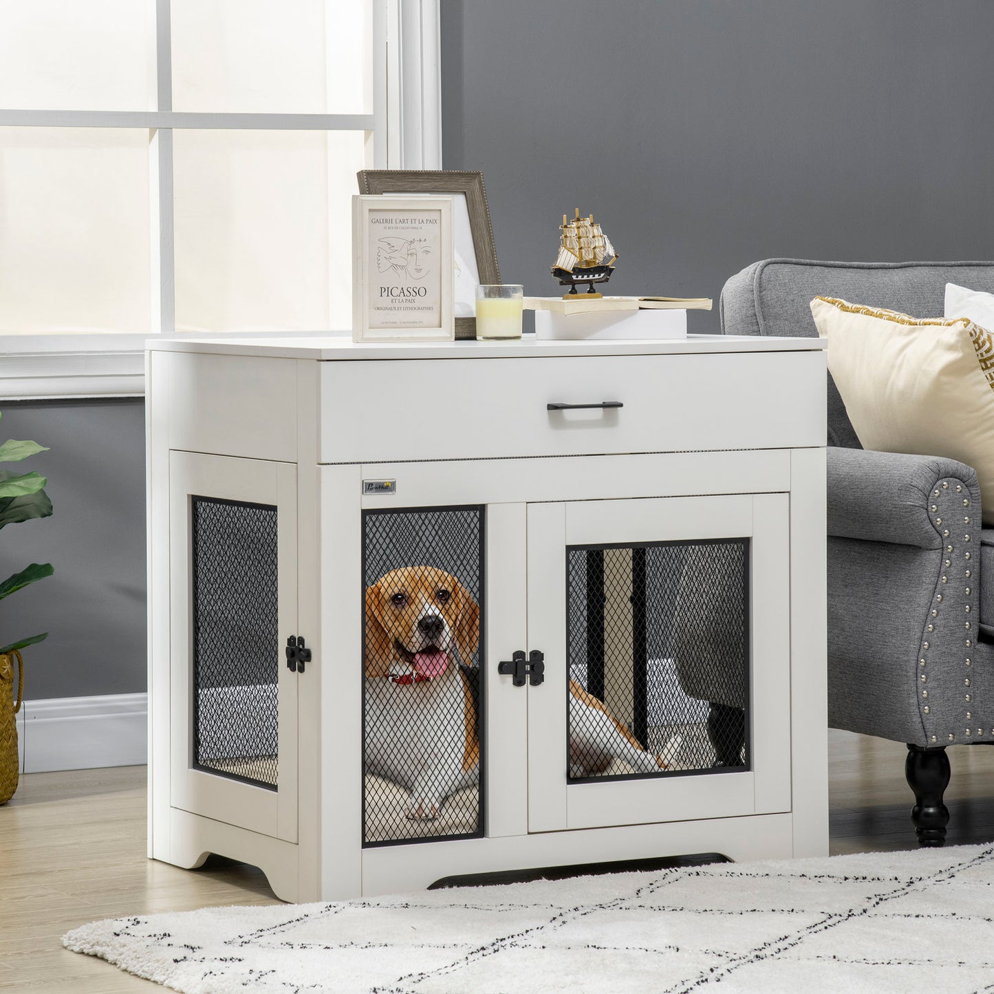 Dog Crate Furniture with Soft Water-Resistant Cushion, Dog Kennel End Table with Drawer, Puppy Crate for Small Dogs Indoor with 2 Doors, White