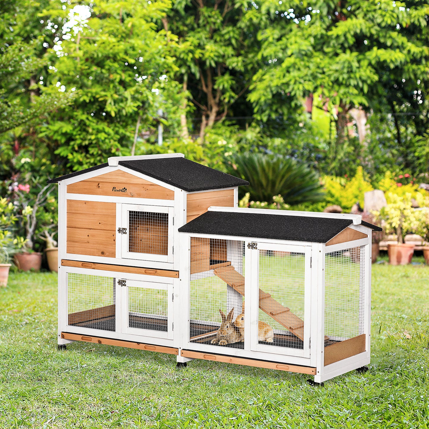 PawHut Rabbit Hutch Outdoor With Run Guinea Pig Hutch 2-Tier Bunny Cage W/ Wheels No-Leak Plastic Tray 157.4 X 53 X 99.5 Cm - Yellow