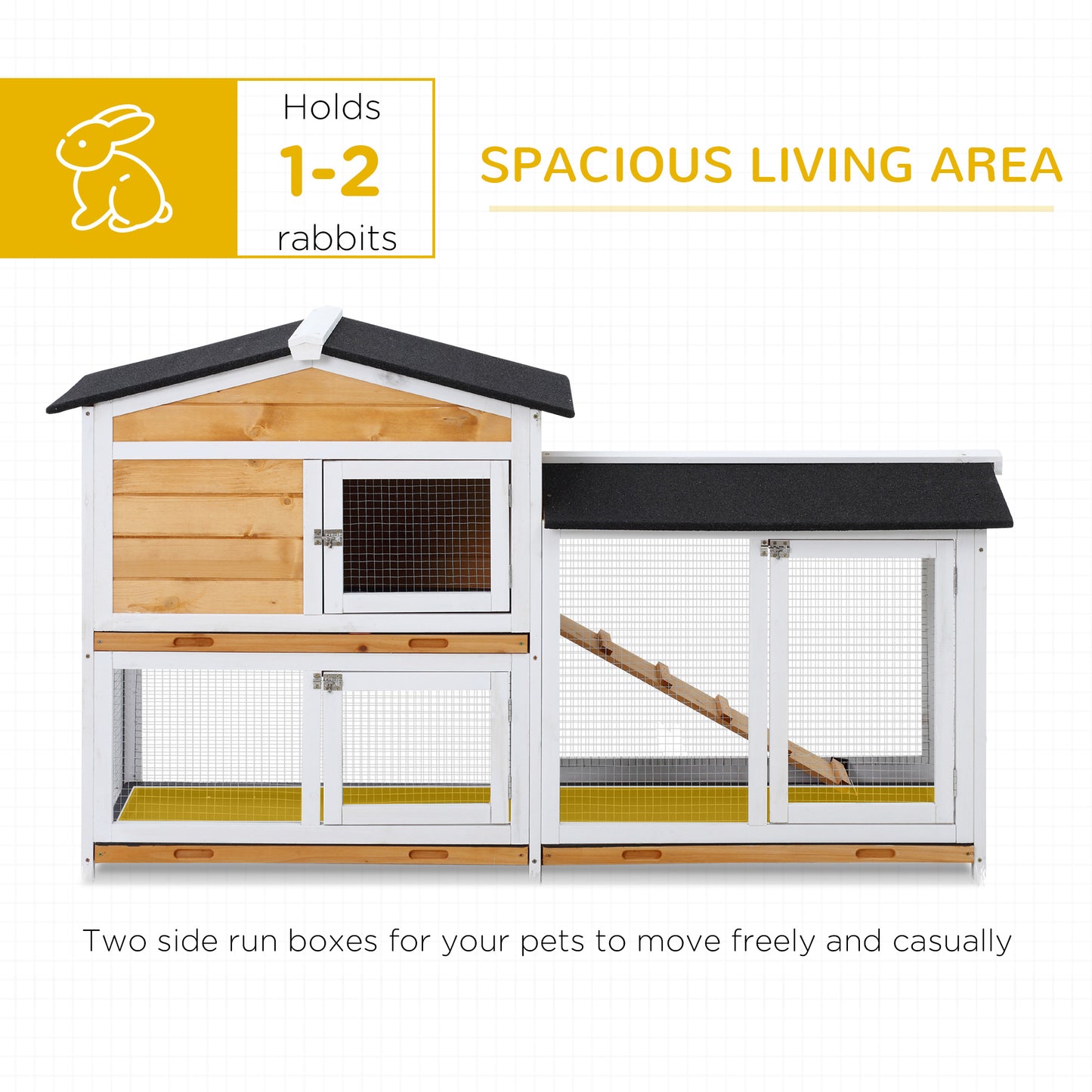 62" Rabbit Hutch, Wooden Bunny Hutch, Guinea Pig Cage, Small Animal Enclosure with Run Area, Removable Tray, Asphalt Roof, Lockable Doors and Ramp, for Rabbits, Chickens, Ducks, Nature Wood