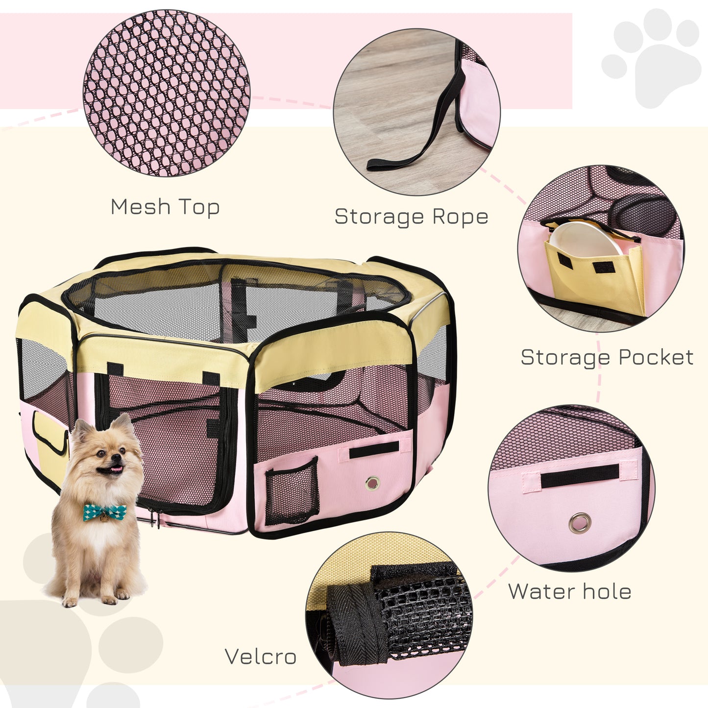 PawHut Fabric Pet Whelping Box Dog Cat Puppy Playpen Rabbit Guinea Pig Play Pen In Pink With Carry Bag Small Dia 90 X 41Hcm