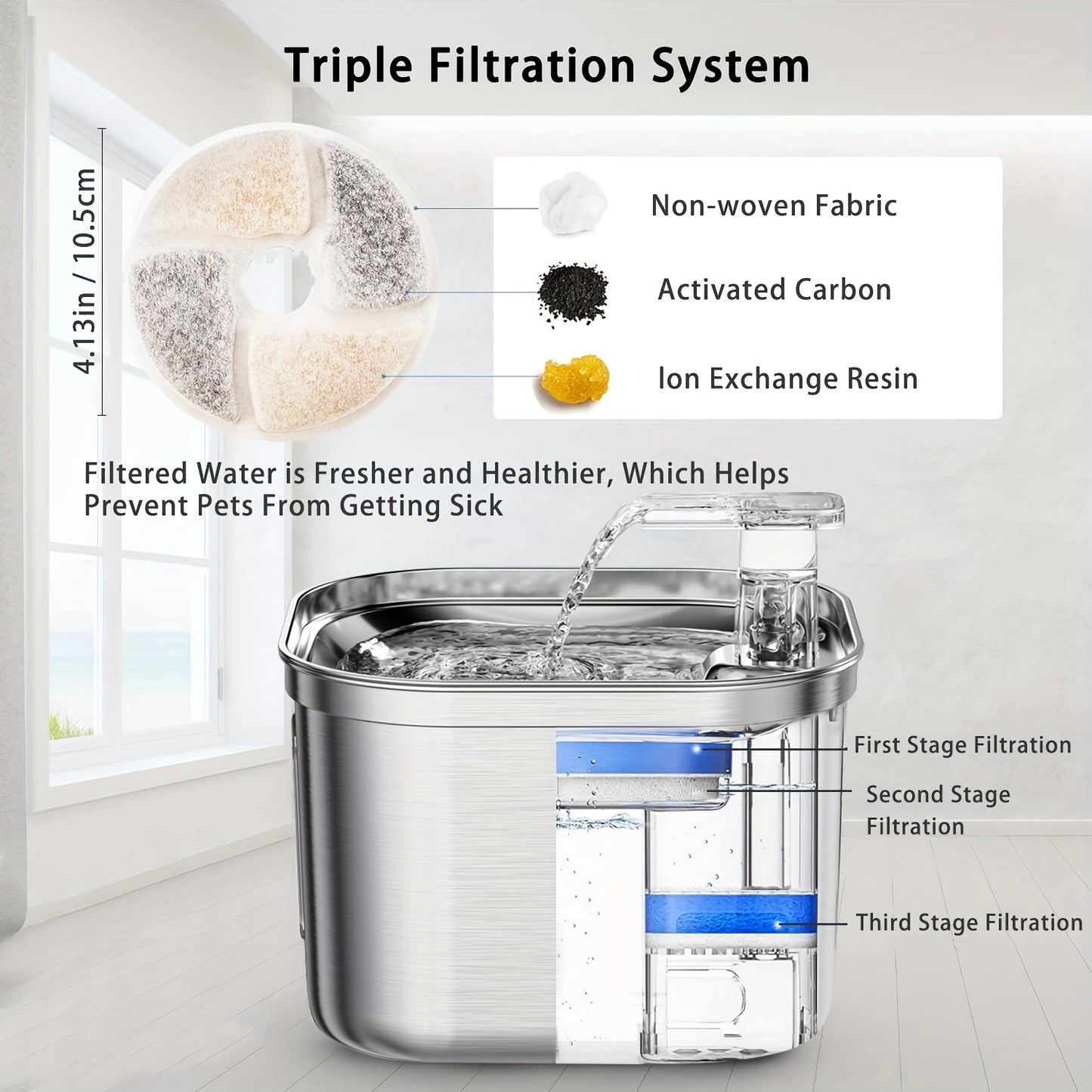 Cat Water Fountain, Stainless Steel Pet Water Fountain For Cats Inside, 3 Filters&Ultra-Quiet Pump, 73oz Automatic Dog Dispenser Water Bowl, Multiple Pets Water Fountain