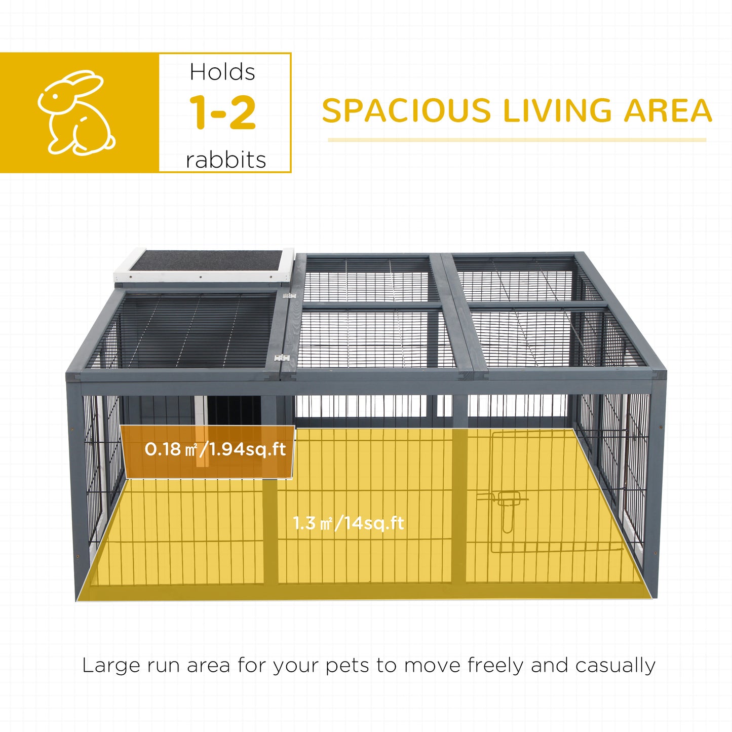 PawHut Rabbit Hutch Outdoor, Guinea Pig House, Bunny Run Cage With Openable Top For 1-2 Rabbits, 123 X 120 X 52cm, Grey