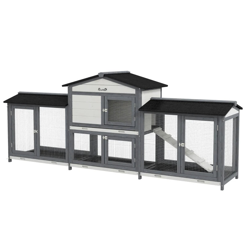 Wooden Rabbit Hutch Bunny Cage Pet Playpen House Enclosure With Double Side Run Boxes, No Leak Tray, Ramp, For Rabbits, Chickens, Ducks, Guinea Pig And Small Animals, Light Gray