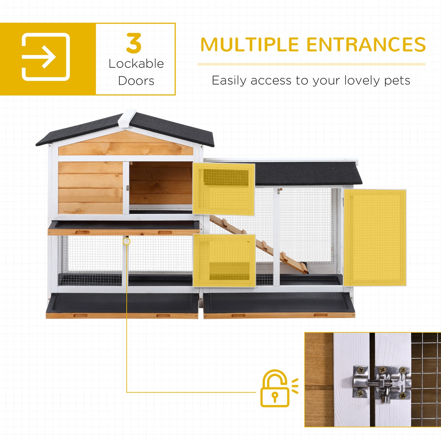 62" Rabbit Hutch, Wooden Bunny Hutch, Guinea Pig Cage, Small Animal Enclosure with Run Area, Removable Tray, Asphalt Roof, Lockable Doors and Ramp, for Rabbits, Chickens, Ducks, Nature Wood