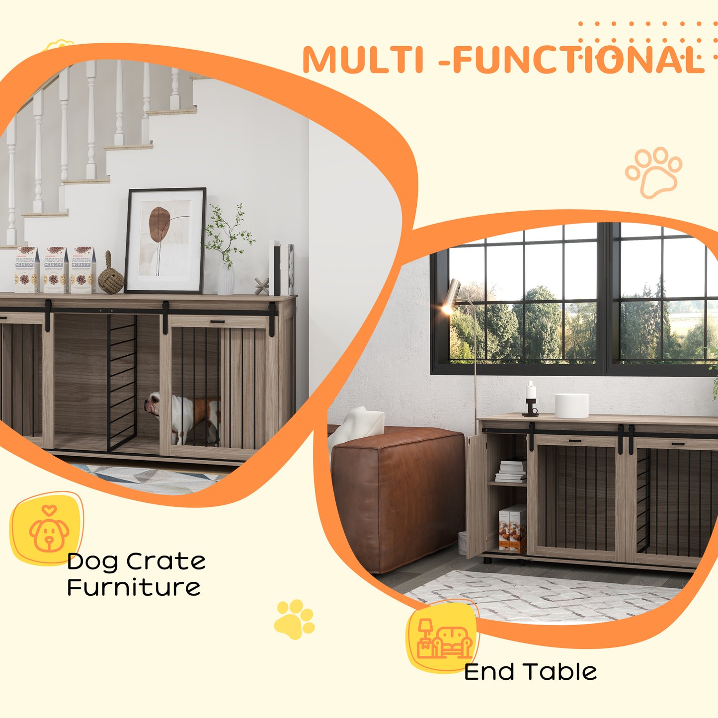 71" Modern Dog Kennel Furniture with Removable Divider, Storage for 2 Small Dogs or 1 Large Dog, Walnut