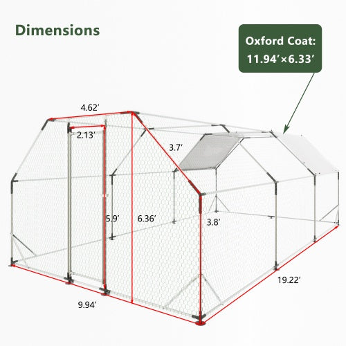 10 Ft. X 20 Ft. Galvanized Large Metal Walk In Chicken Coop Cage Farm Poultry Run Hutch Hen House