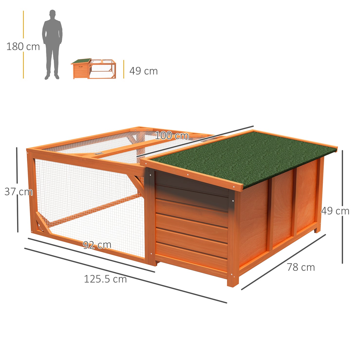 PawHut Rabbit Hutch Outdoor Guinea Pig Hutch With Run Small Animal Off-ground Duck House Hideaway Garden With Openable Roof 125.5 X 100 X 49cm Orange