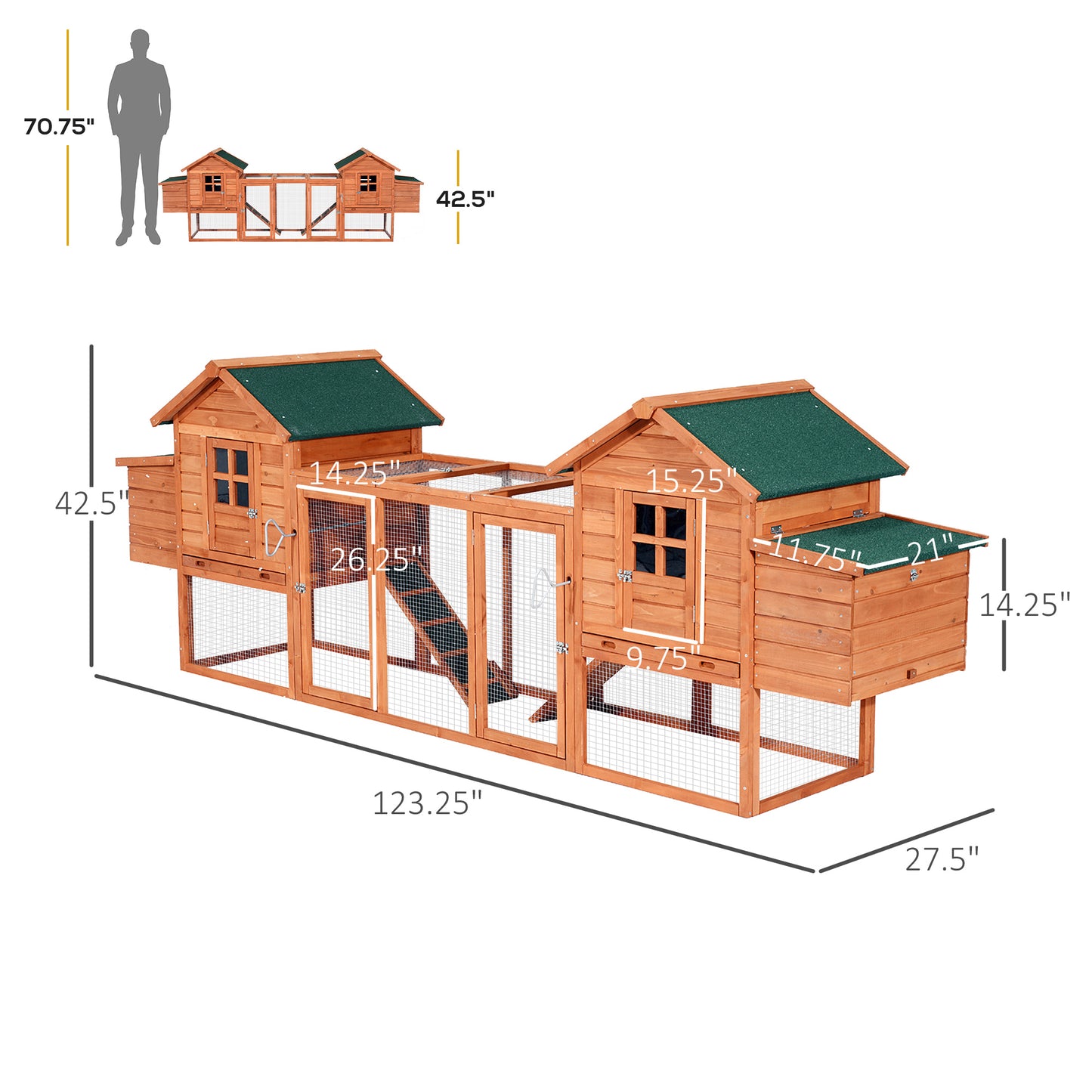 124" Dual Chicken Coop Large Chicken House Rabbit Hutch Hen Poultry Cage Backyard with Outdoor Ramps and Nesting Boxes