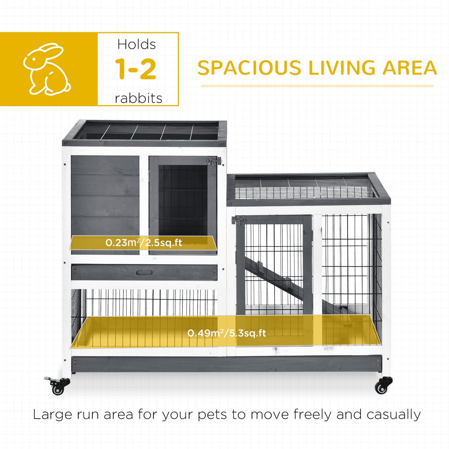 Rabbit Hutch Elevated Bunny Cage Indoor Small Animal Habitat with Enclosed Run with Wheels
