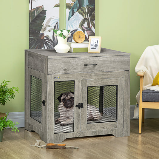 Dog Crate Furniture with Soft Water-Resistant Cushion, Dog Kennel End Table with Drawer, Puppy Crate for Small Dogs Indoor with 2 Doors, Gray
