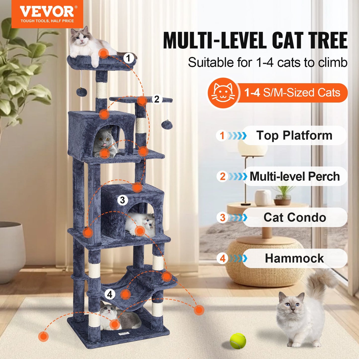 Cat Tree 63" Cat Tower With 2 Cat Condos Sisal Scratching Post Light Grey