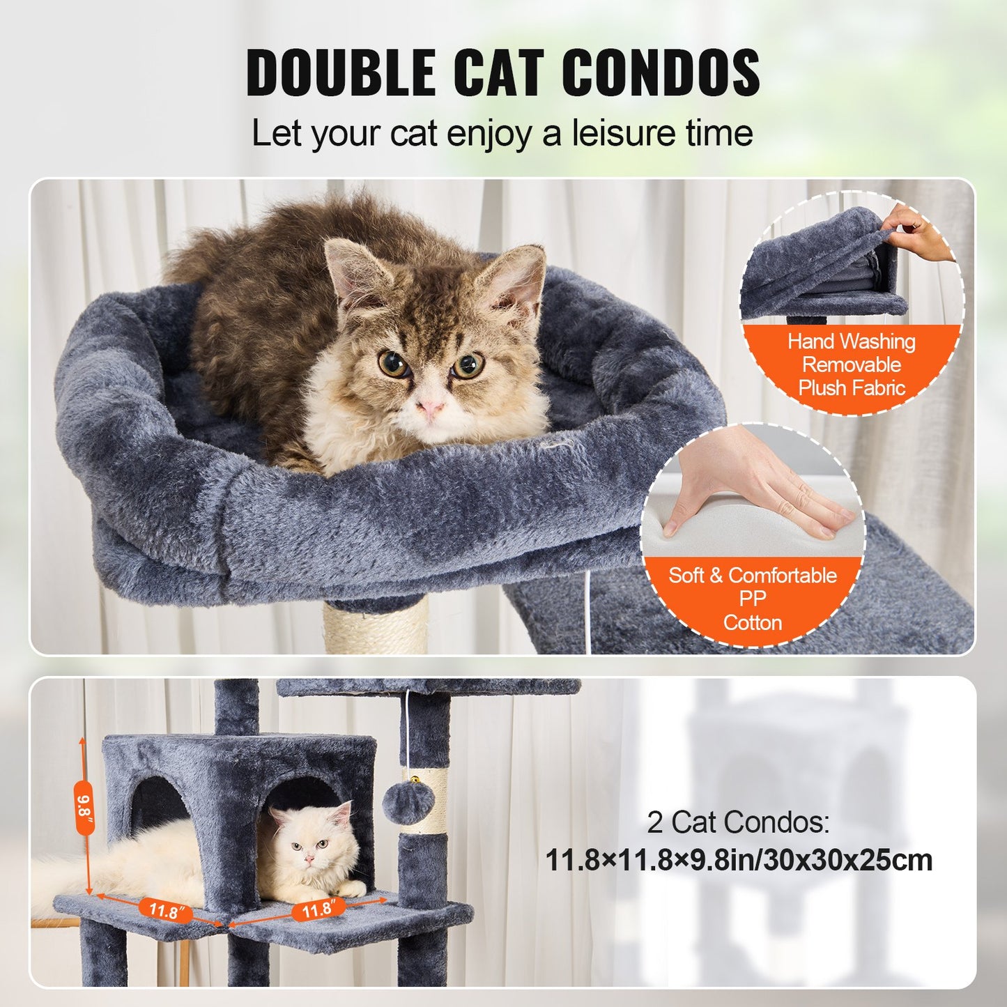 Cat Tree 63" Cat Tower With 2 Cat Condos Sisal Scratching Post Light Grey