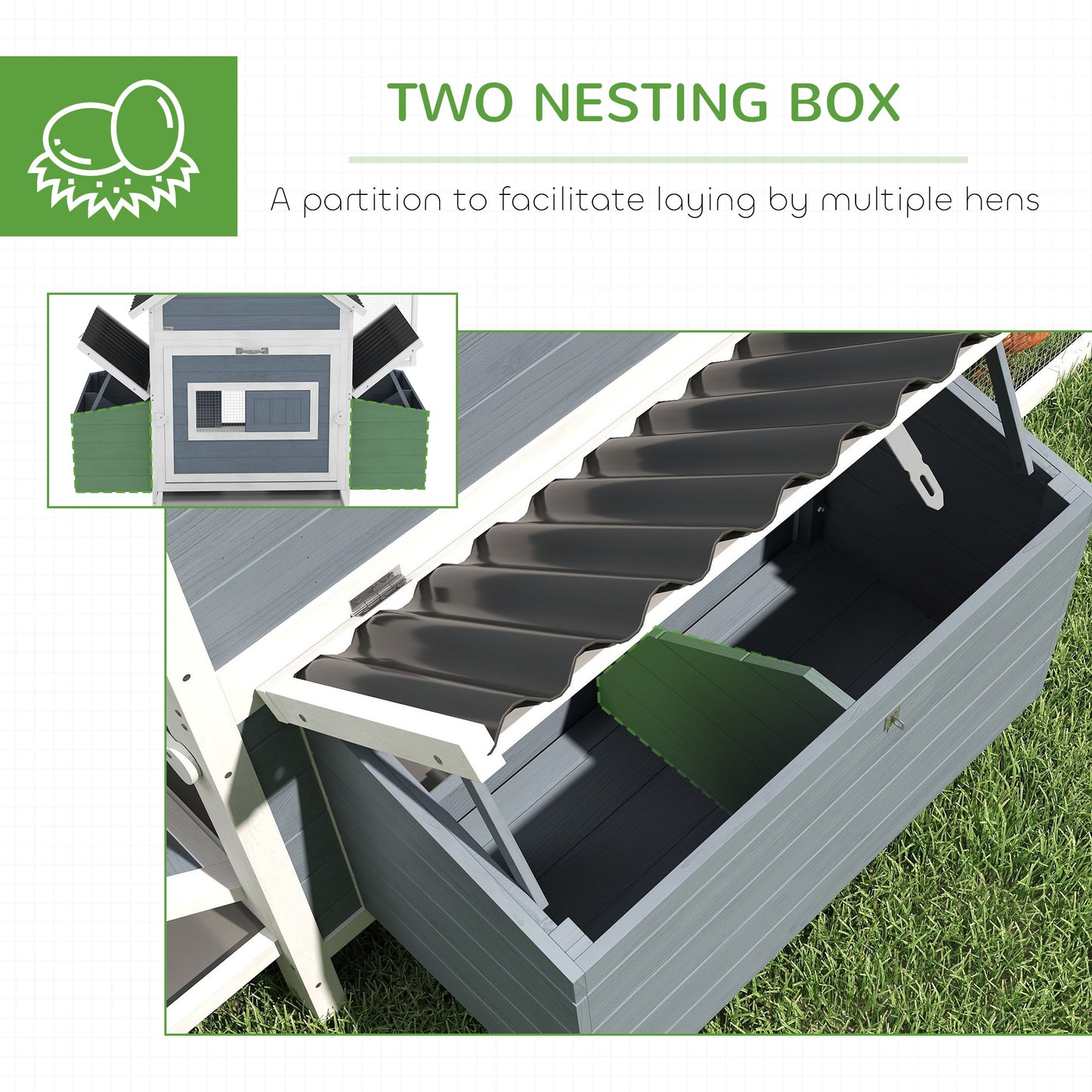 156" Extra Large Wooden Chicken Coop With 2 Nesting Box, Run Cage, Waterproof Wave Roof, For 10-15 Chickens, Light Gray