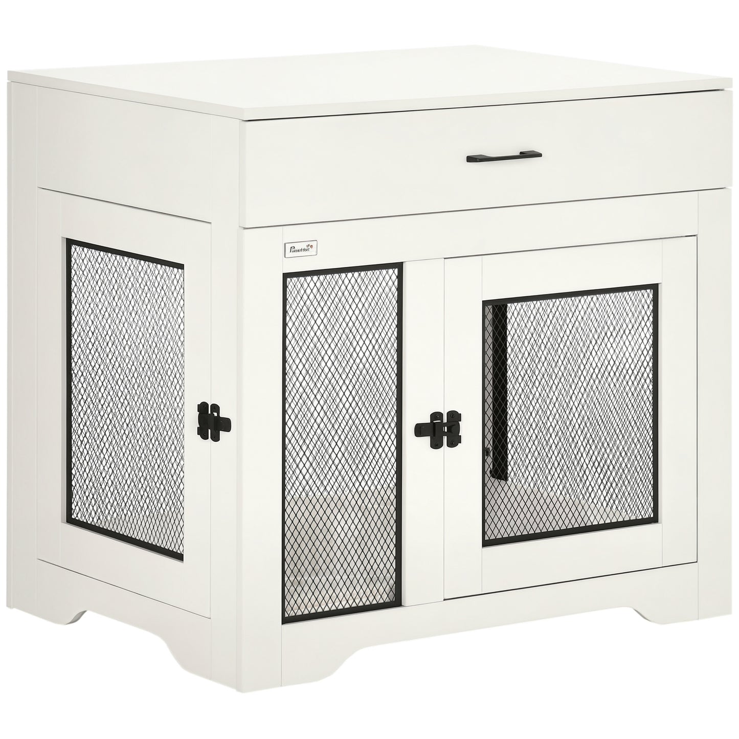 Dog Crate Furniture with Soft Water-Resistant Cushion, Dog Kennel End Table with Drawer, Puppy Crate for Small Dogs Indoor with 2 Doors, White