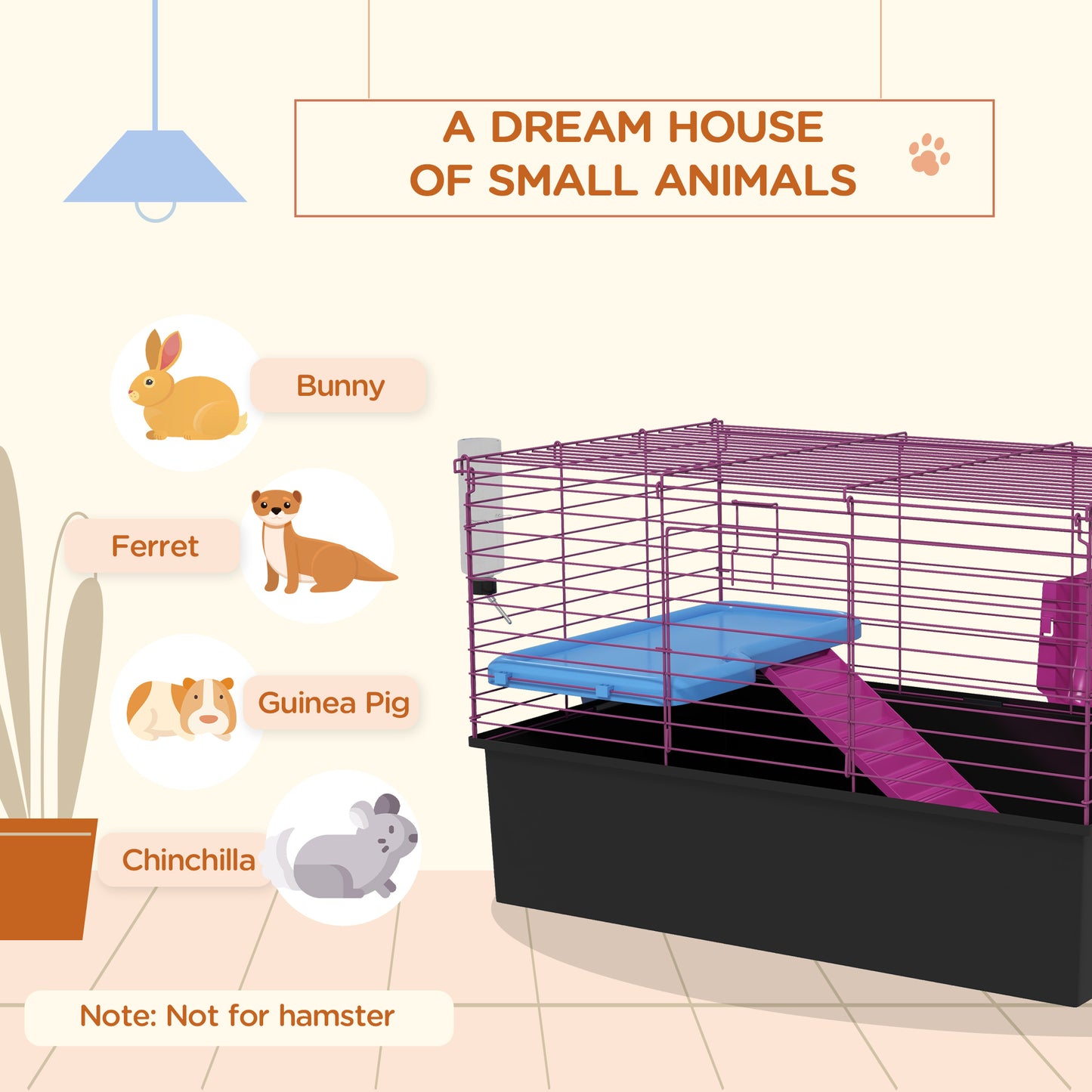 PawHut Chinchillas Small Rabbit Guinea Pig Small Animal Cage, Pet Playhouse, With Platform, Ramp, 71 X 46 X 47cm