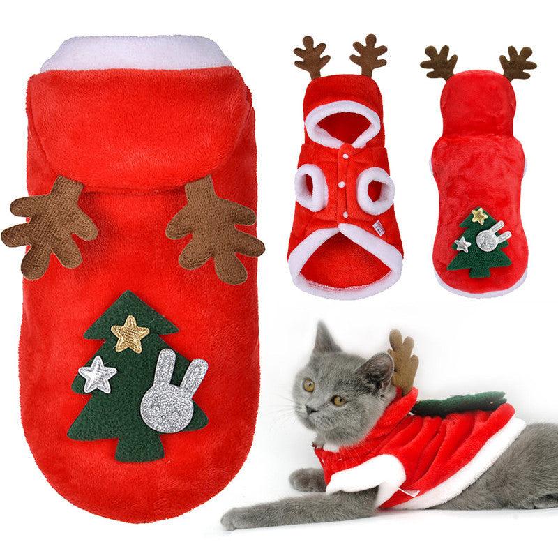 Pet Clothes Autumn And Winter Flannel Warm Festive Dress Dog Clothes Cat Elk New Year Old Man Christmas Clothes