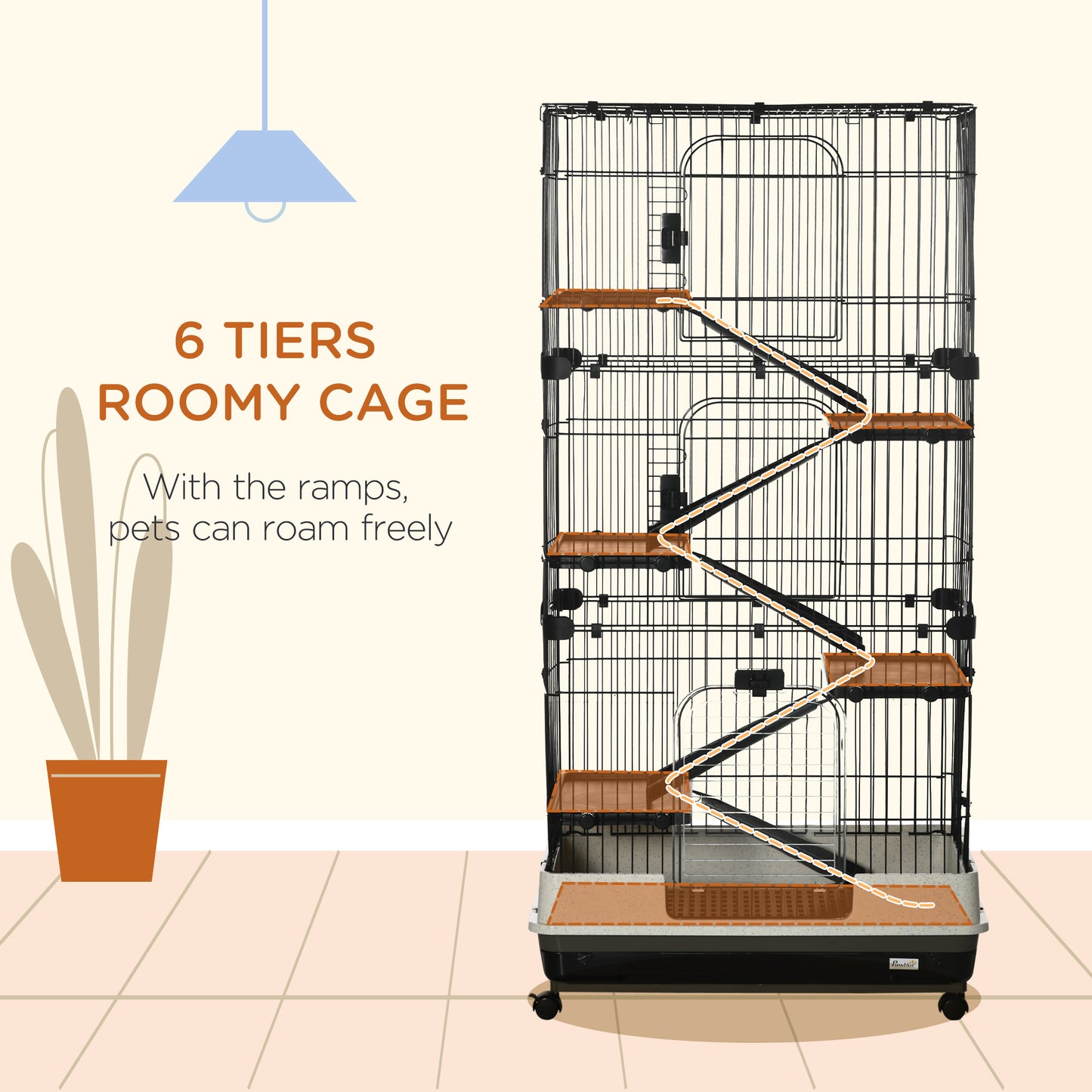 32L 6-Level Small Animal Cage Rabbit Hutch With Wheels Slide-out Tray Black For Bunny Chinchillas Ferret
