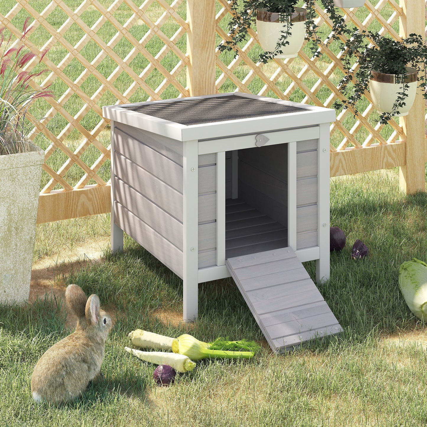 PawHut Wooden Rabbit Hutch Outdoor, Guinea Pig Hutch, Rabbit Hideaway, Cat House, Bunny Cage Small Animal House With Openable Roof, 51 X 42 X 43 Cm, Grey