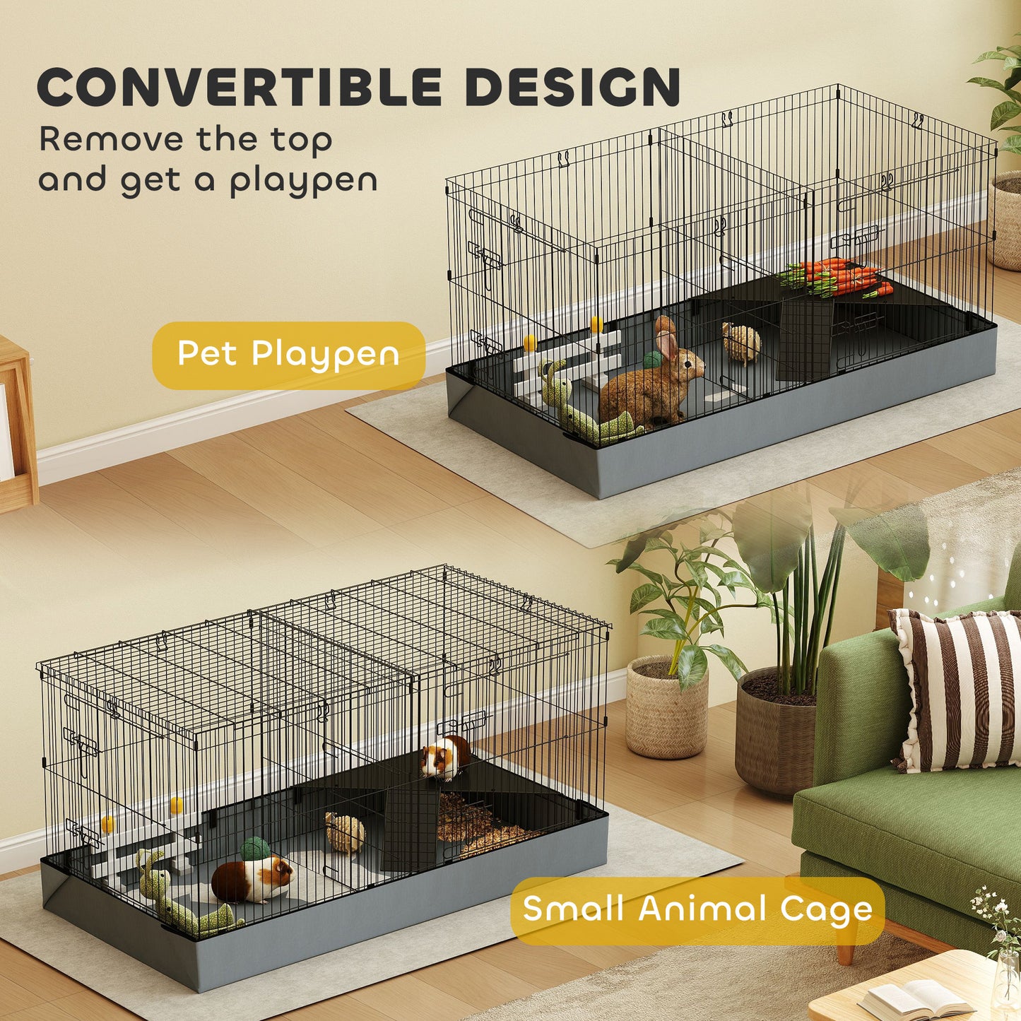 PawHut 2 In 1 Guinea Pig Cage, Rabbit Cage Pet Playpen With 2 Separate Area, Waterproof Oxford Fabric Floor For Hedgehogs
