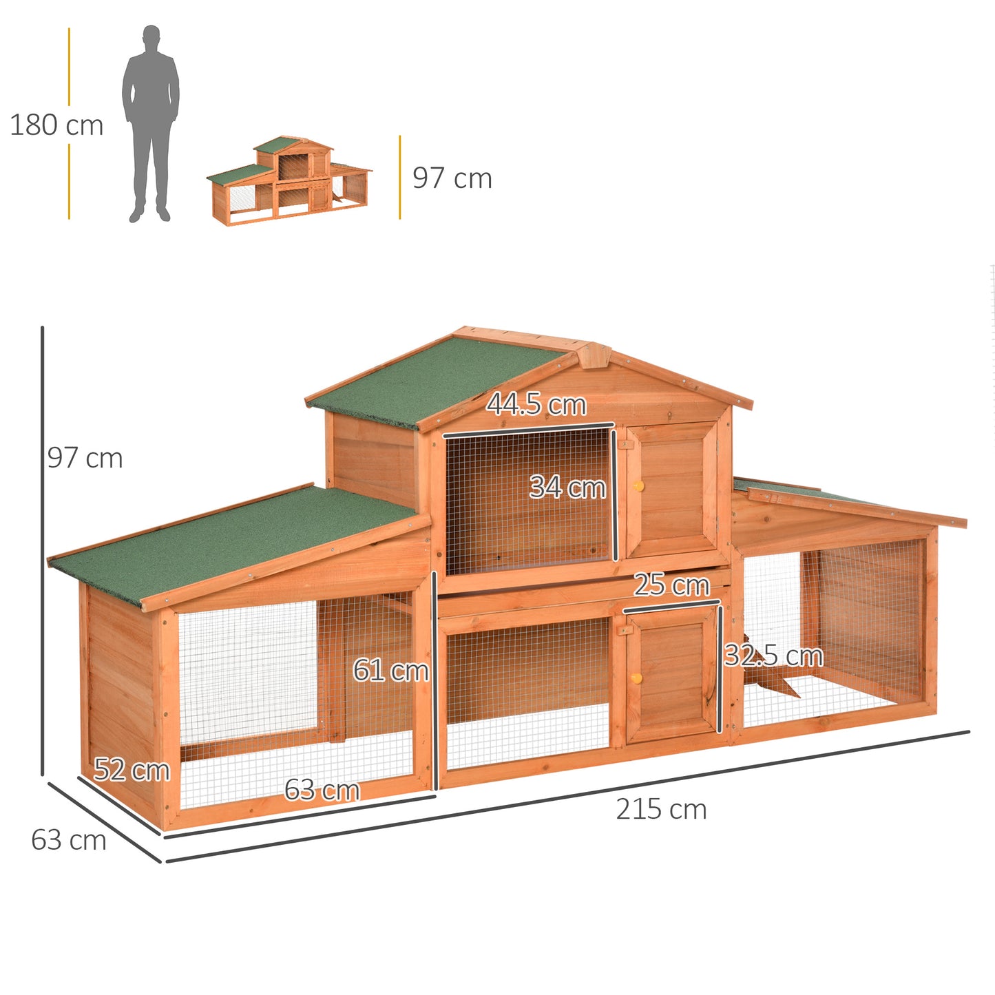 PawHut Large Rabbit Hutch Outdoor, Guinea Pig Hutch, Wooden Small Animal House, With Rabbit Run, 215 X 63 X 97 Cm