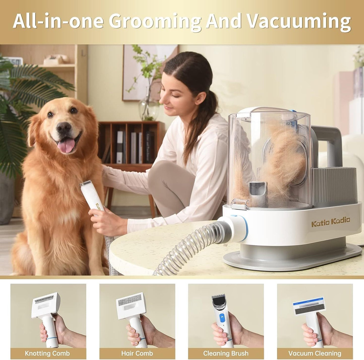 Pet Grooming Kit, 5 In 1 Dog Grooming Kit With 2 Suction Mode, Low Noise Dog Hair Remover, Dog Vacuums For Hair Cleaning For Shedding