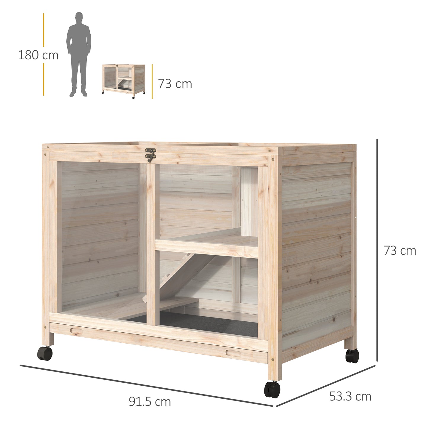 PawHut Rabbit Hutch Indoor Wooden Guinea Pig House Hamster Cage With Wheels, 2 Layers Bunny Cage With Openable Roof, 91.5 X 53.3 X 73 Cm, Natural