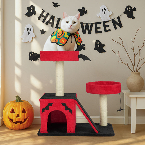 Halloween Cat Climbing Frame Gothic Cat Tree, Cat Tower With Spacious Cat Condo, 2 Padded Perches, Spider Toy, Scratching Posts, Scratching Ladder