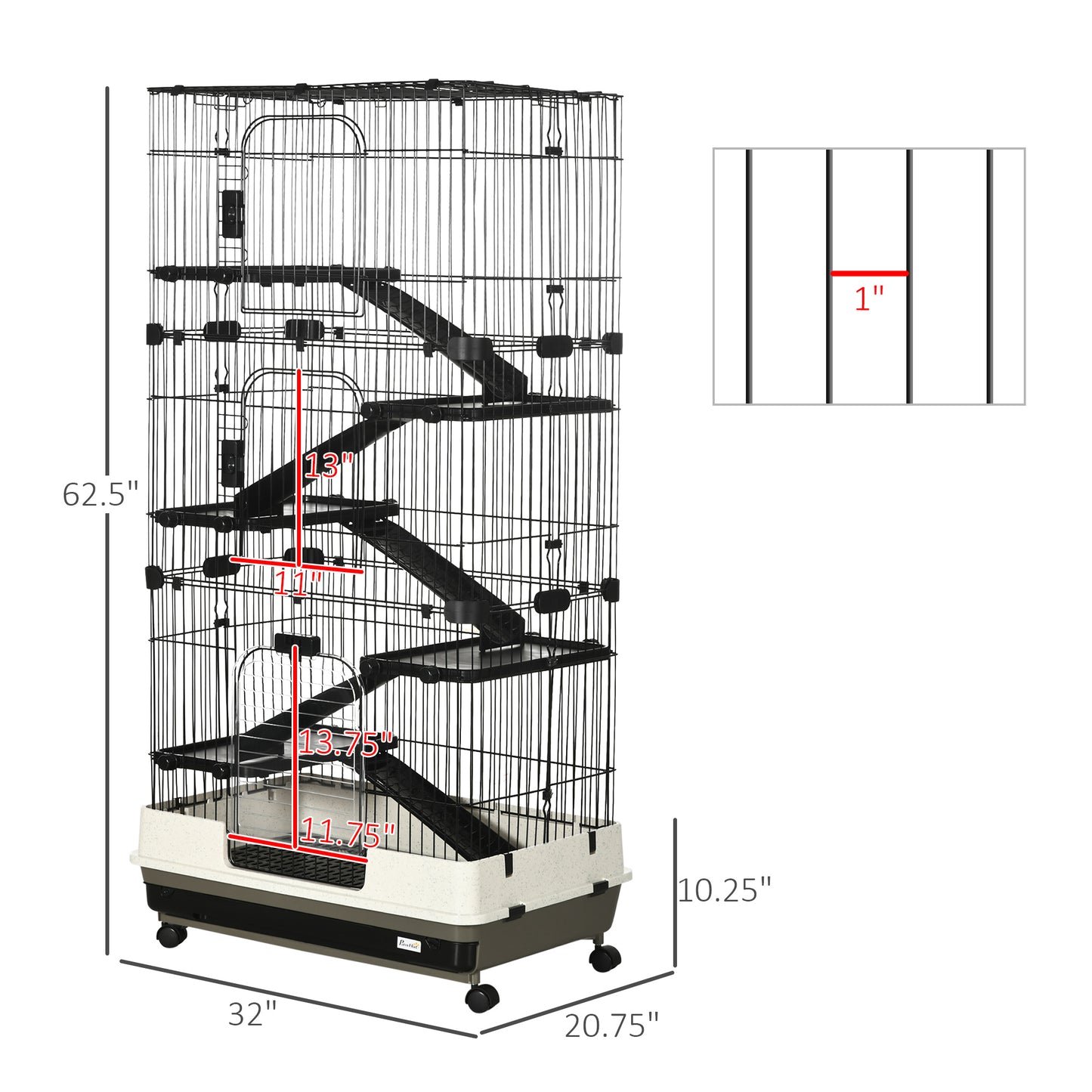 32L 6-Level Small Animal Cage Rabbit Hutch With Wheels Slide-out Tray Black For Bunny Chinchillas Ferret