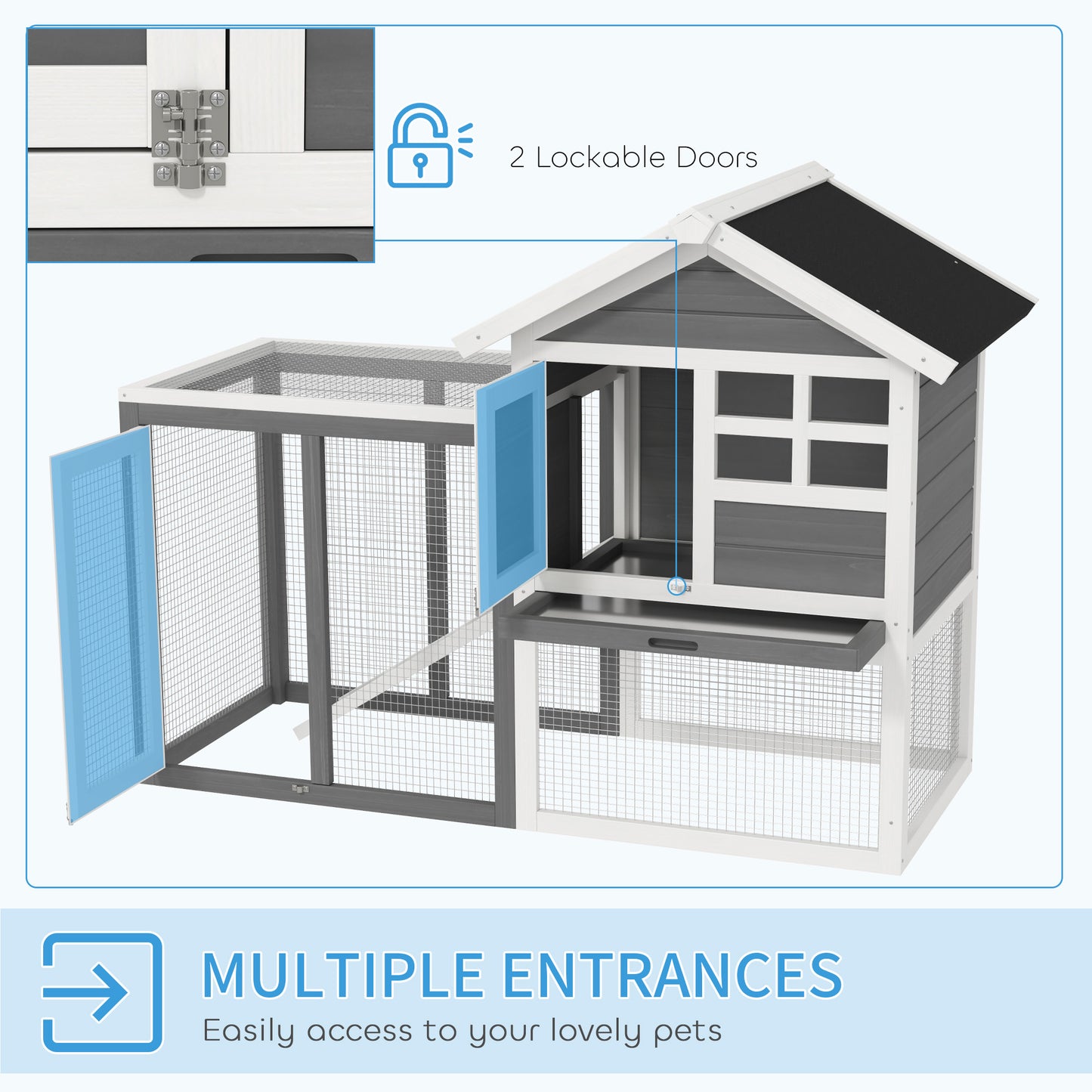 PawHut Rabbit Hutch Outdoor Wooden Guinea Pig Hutch Rabbit Run Bunny Cage Small Animal House Pull-Out Tray, Grey, 124 X 63 X 93 Cm
