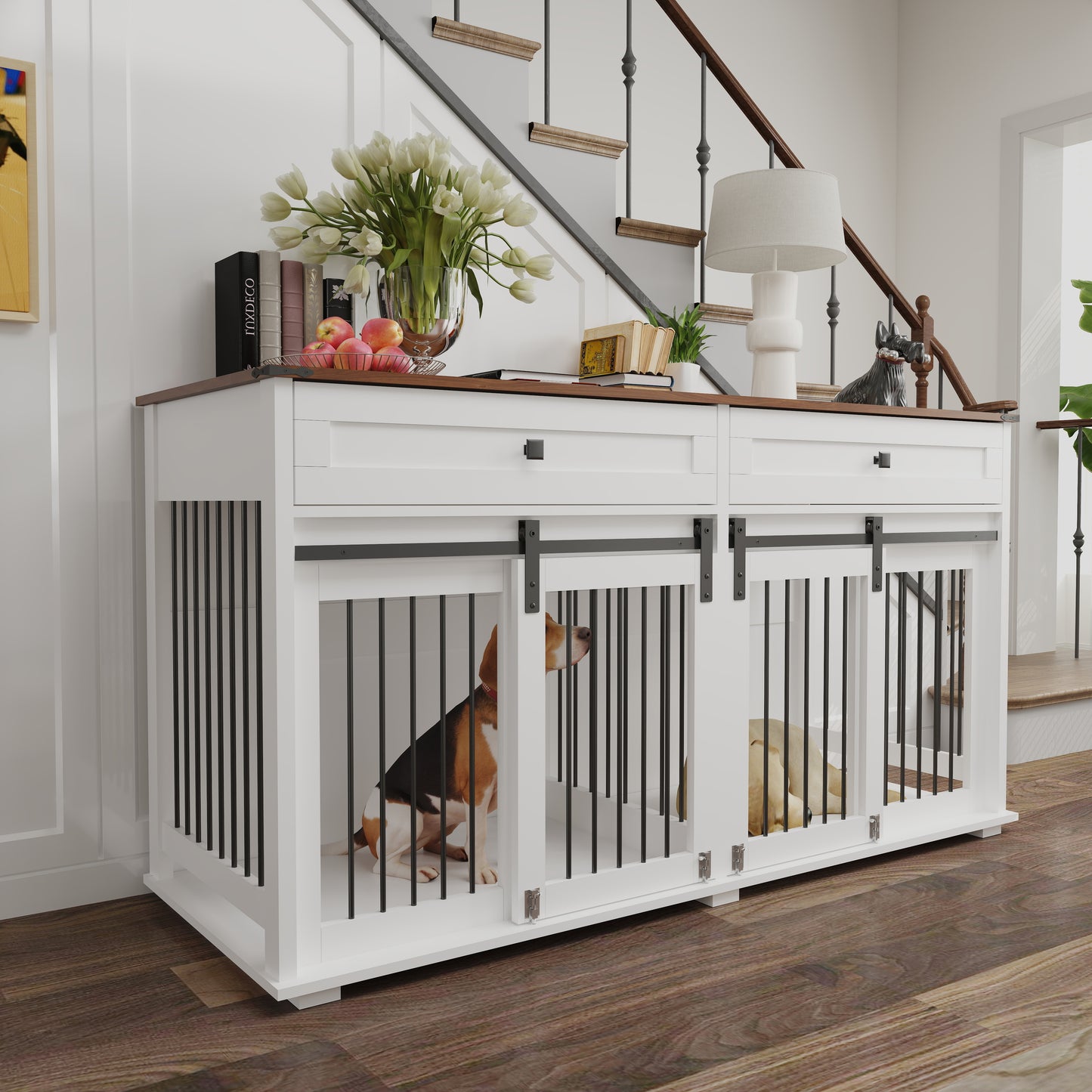 63'' Large Dog Crate Furniture For Double Dog, Wooden Dog Kennel With 2 Drawers,Divider And Sliding Door, Water Resistant Indoor Pets Furniture Style Double Dog Crates