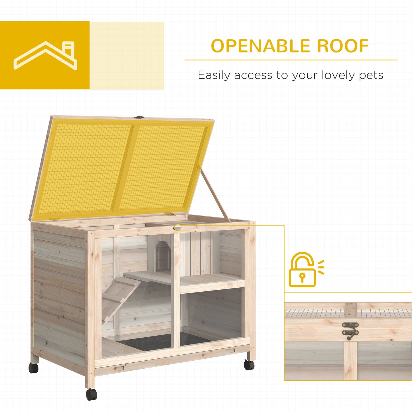 PawHut Rabbit Hutch Indoor Wooden Guinea Pig House Hamster Cage With Wheels, 2 Layers Bunny Cage With Openable Roof, 91.5 X 53.3 X 73 Cm, Natural