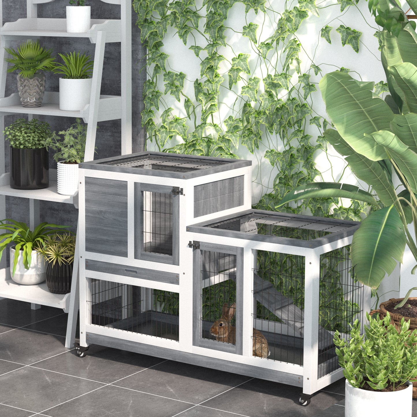 PawHut Wooden Indoor Rabbit Hutch Guinea Pig House Bunny Small Animal Cage W/ Wheels Enclosed Run 110 X 50 X 88 Cm, Grey