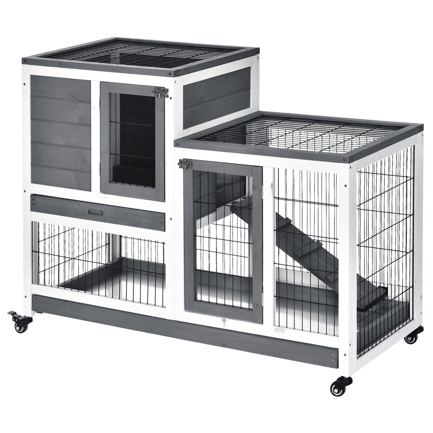 PawHut Wooden Indoor Rabbit Hutch Guinea Pig House Bunny Small Animal Cage W/ Wheels Enclosed Run 110 X 50 X 88 Cm, Grey