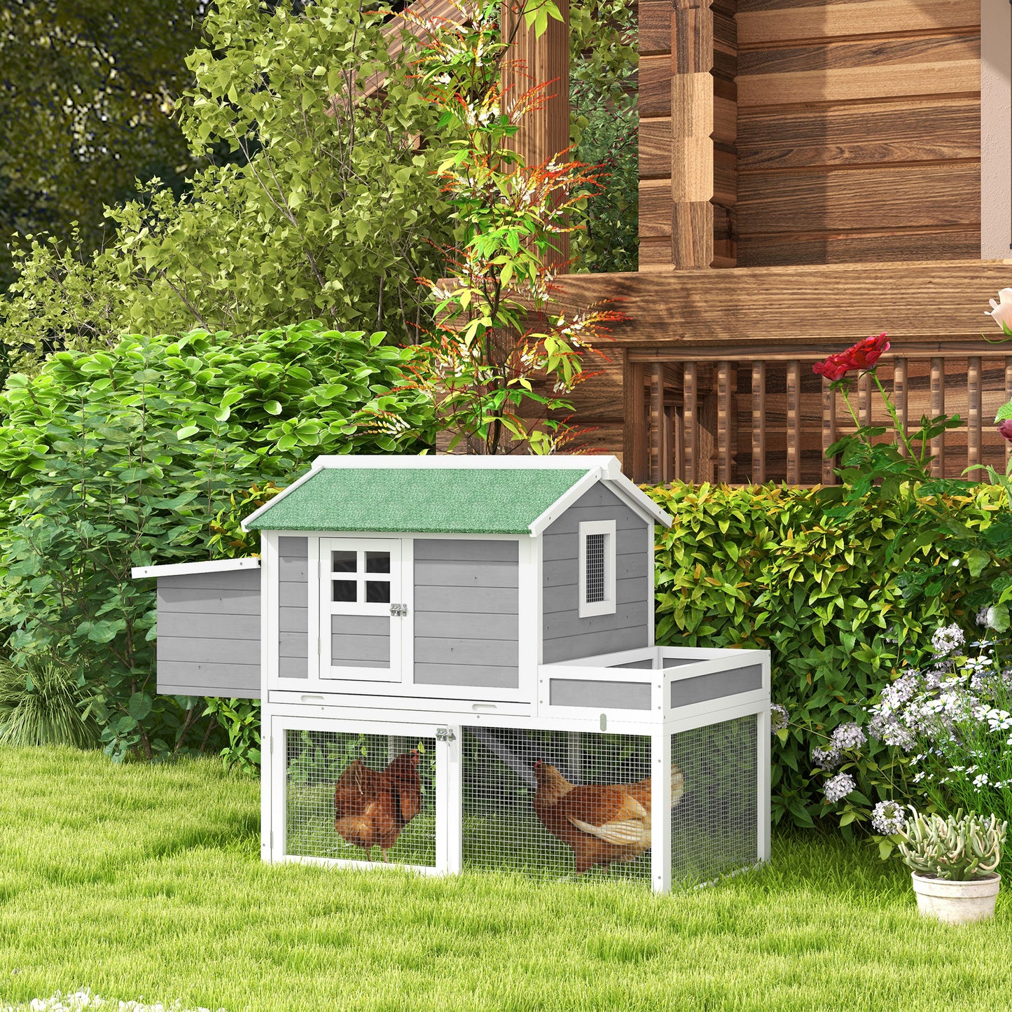 Wooden Chicken Coop for Outdoor Backyard with Raised Garden Bed, Run Area, Nesting Box Removable Tray, Gray