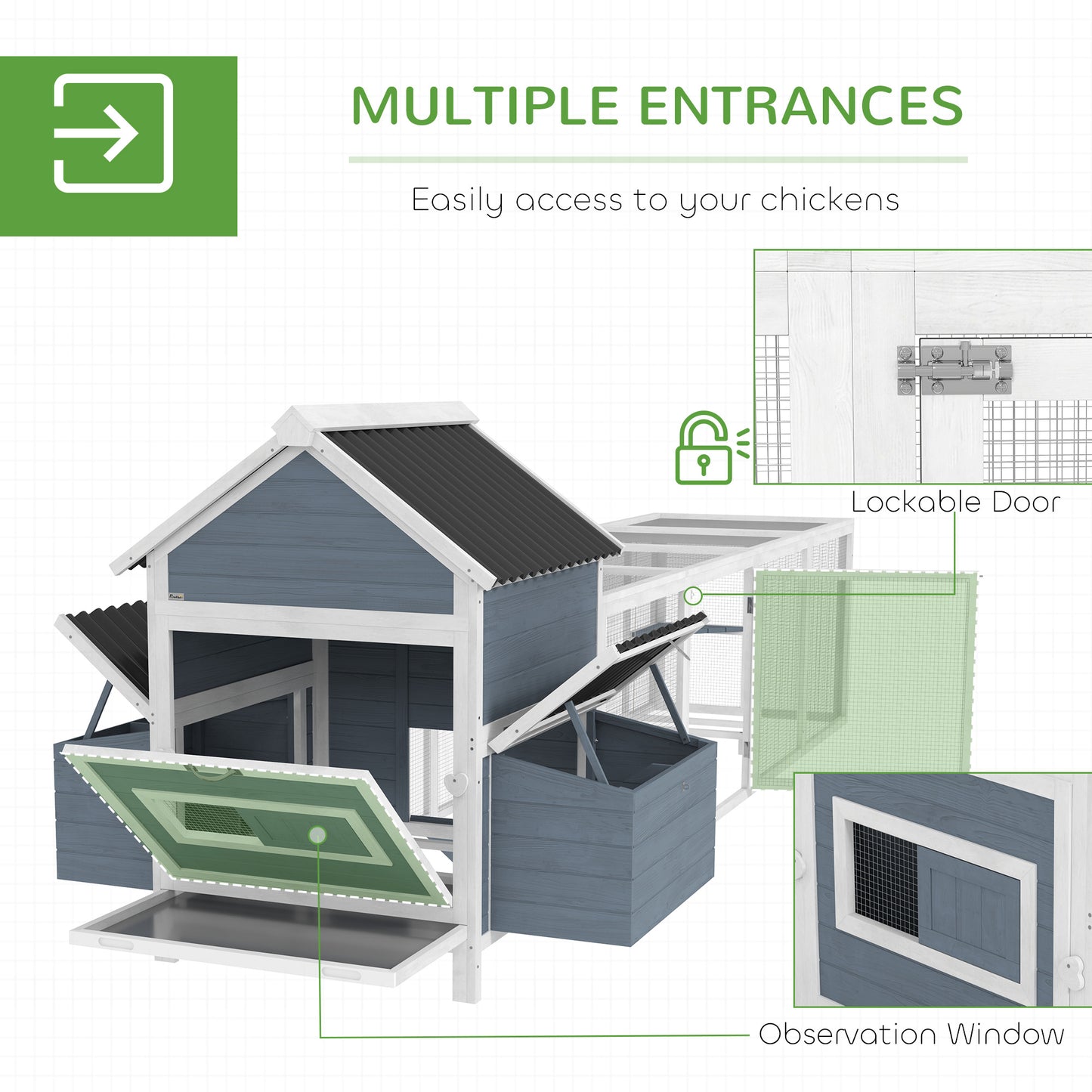156" Extra Large Wooden Chicken Coop With 2 Nesting Box, Run Cage, Waterproof Wave Roof, For 10-15 Chickens, Light Gray