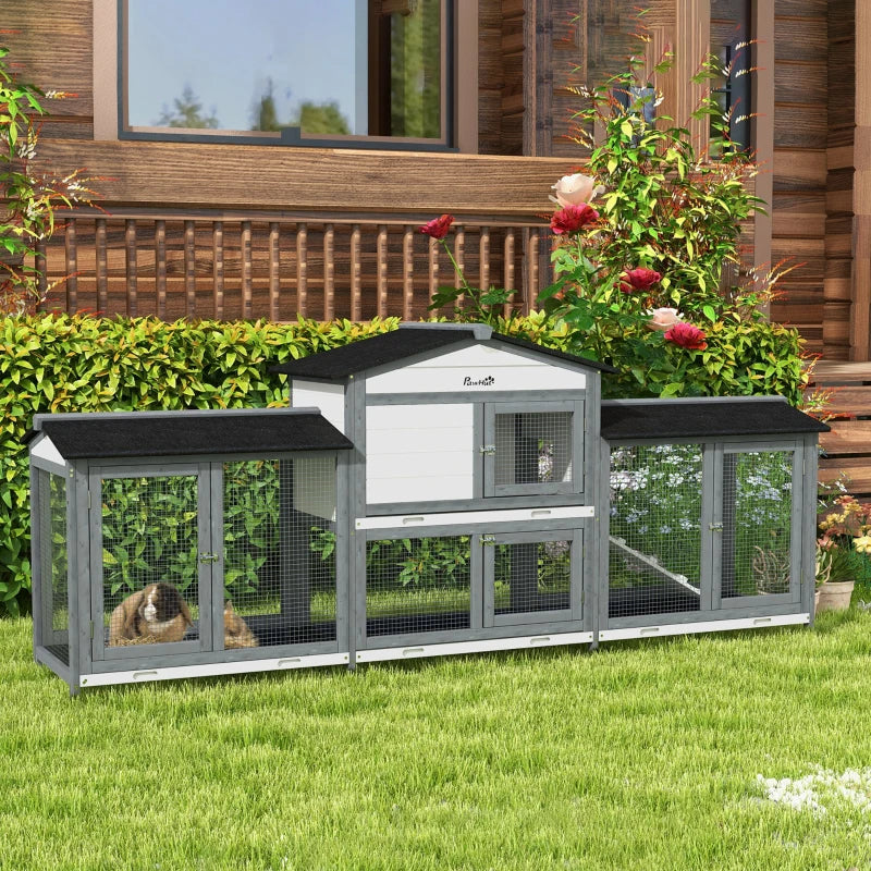 Wooden Rabbit Hutch Bunny Cage Pet Playpen House Enclosure With Double Side Run Boxes, No Leak Tray, Ramp, For Rabbits, Chickens, Ducks, Guinea Pig And Small Animals, Light Gray