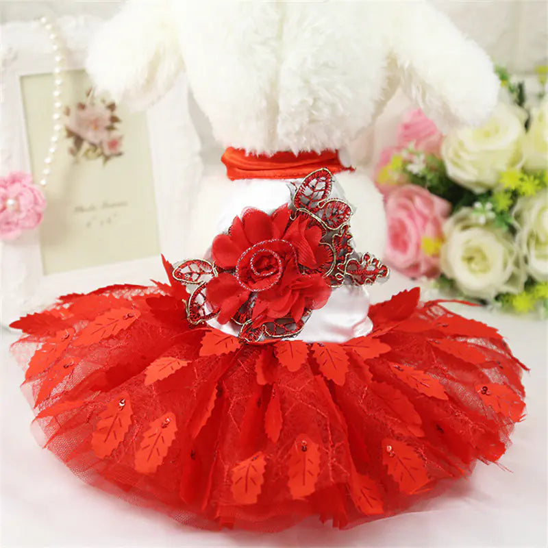 Shiny Red Dog Wedding Dress with Purple Leaf Design