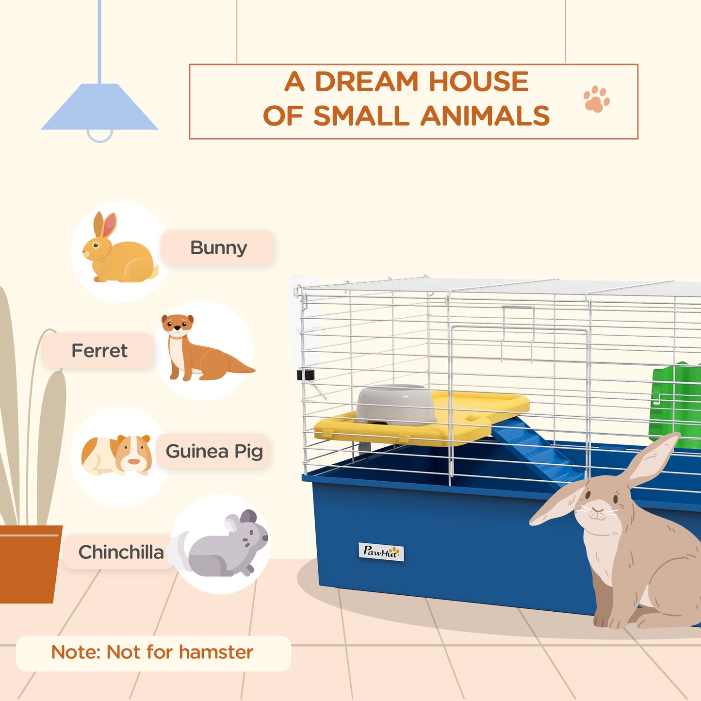 PawHut Chinchillas Small Rabbit Guinea Pig Small Animal Cage, Pet Playhouse, With Platform, Ramp, 71 X 46 X 47cm, Blue